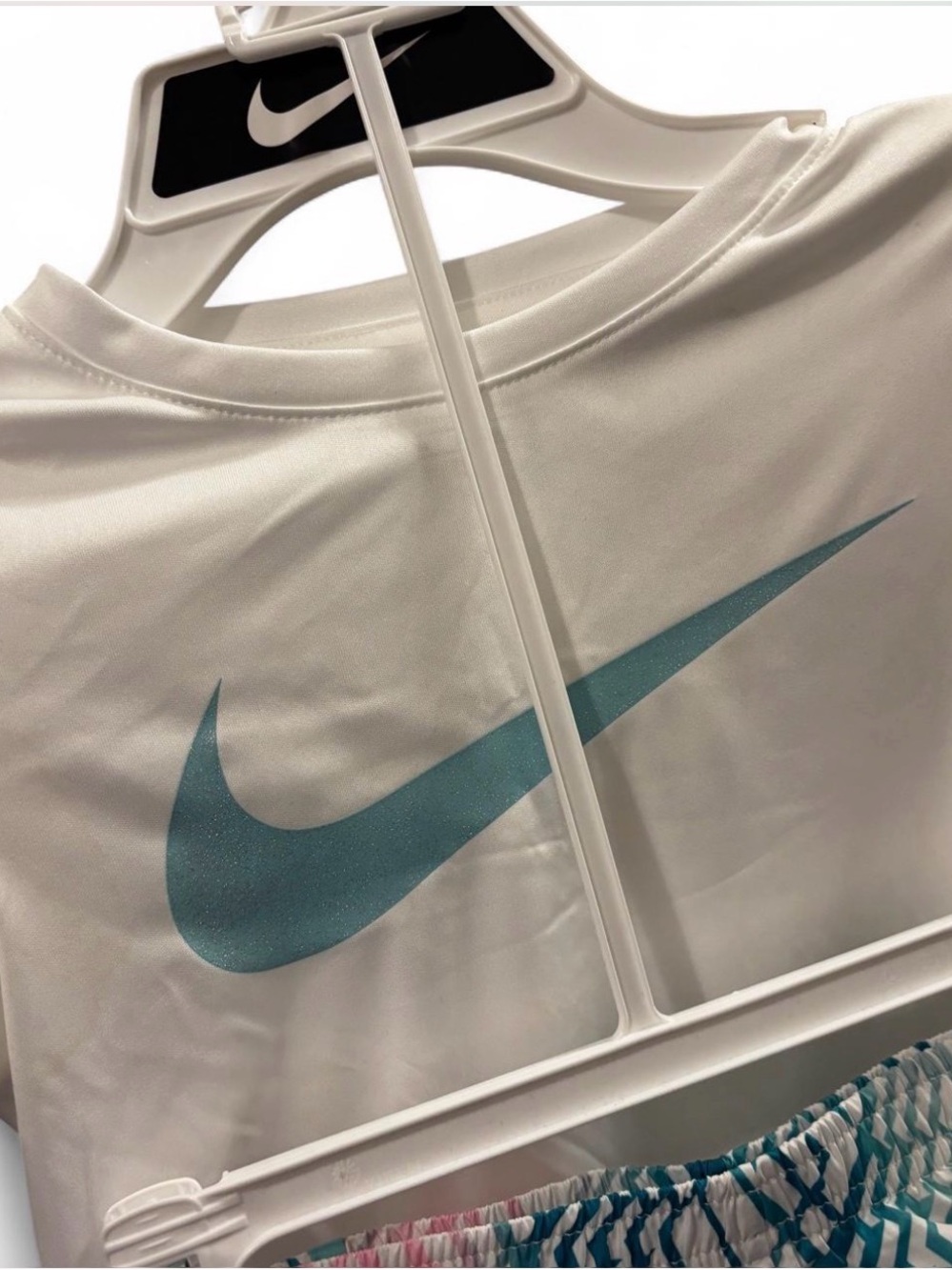 Nike DriFit Girls 2 Piece White Short-Sleeve Tee with Teal Swoosh Shorts Size 6X